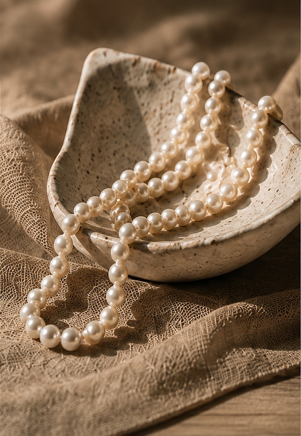 Pearl necklace draped over a ceramic dish on linen