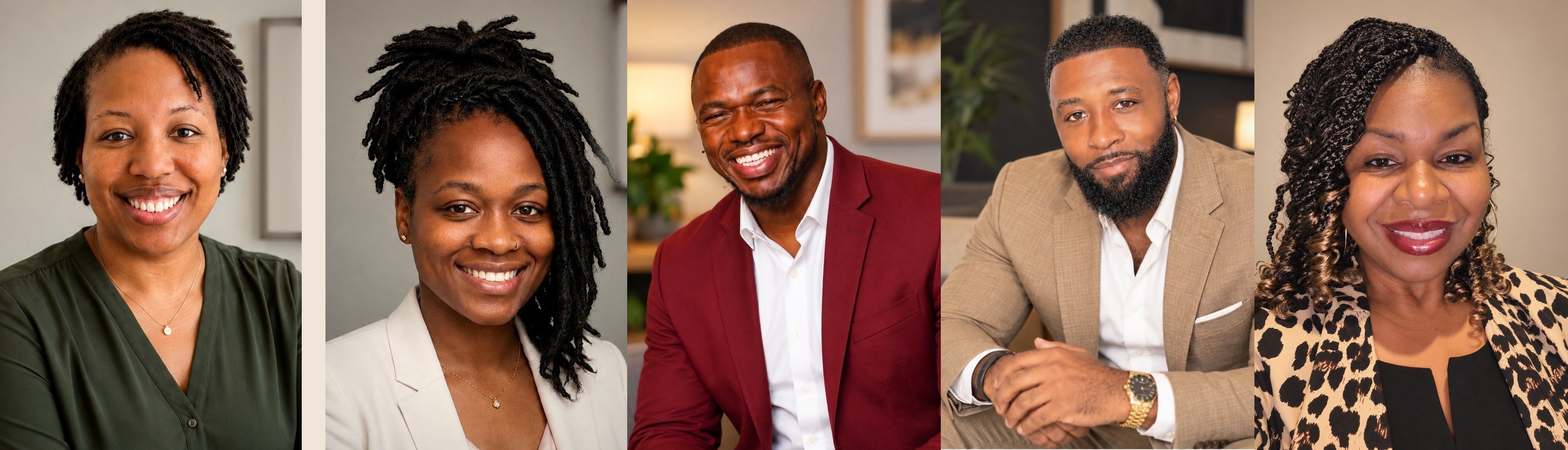 Myea Hunt, Gerranda Poole, Christopher Owusu, Bryan Carroll, and Alicia Walls-Boston, therapists at Therapy With MJ